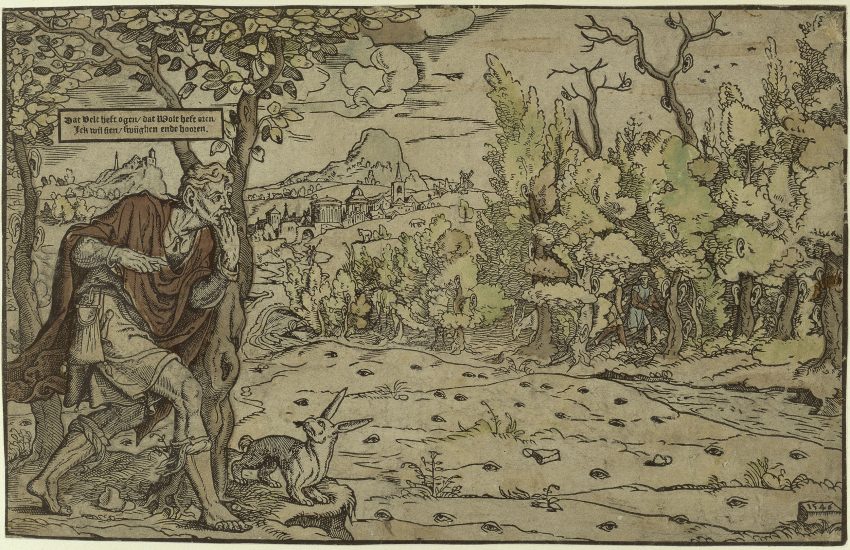 Unbekannter Stecher (Niederländisch), Das Feld hat Augen, der Wald hat Ohren, 1546, Holzschnitt, koloriert. © Kupferstichkabinett, Staatliche Museen zu Berlin _ Foto- Jörg Anders